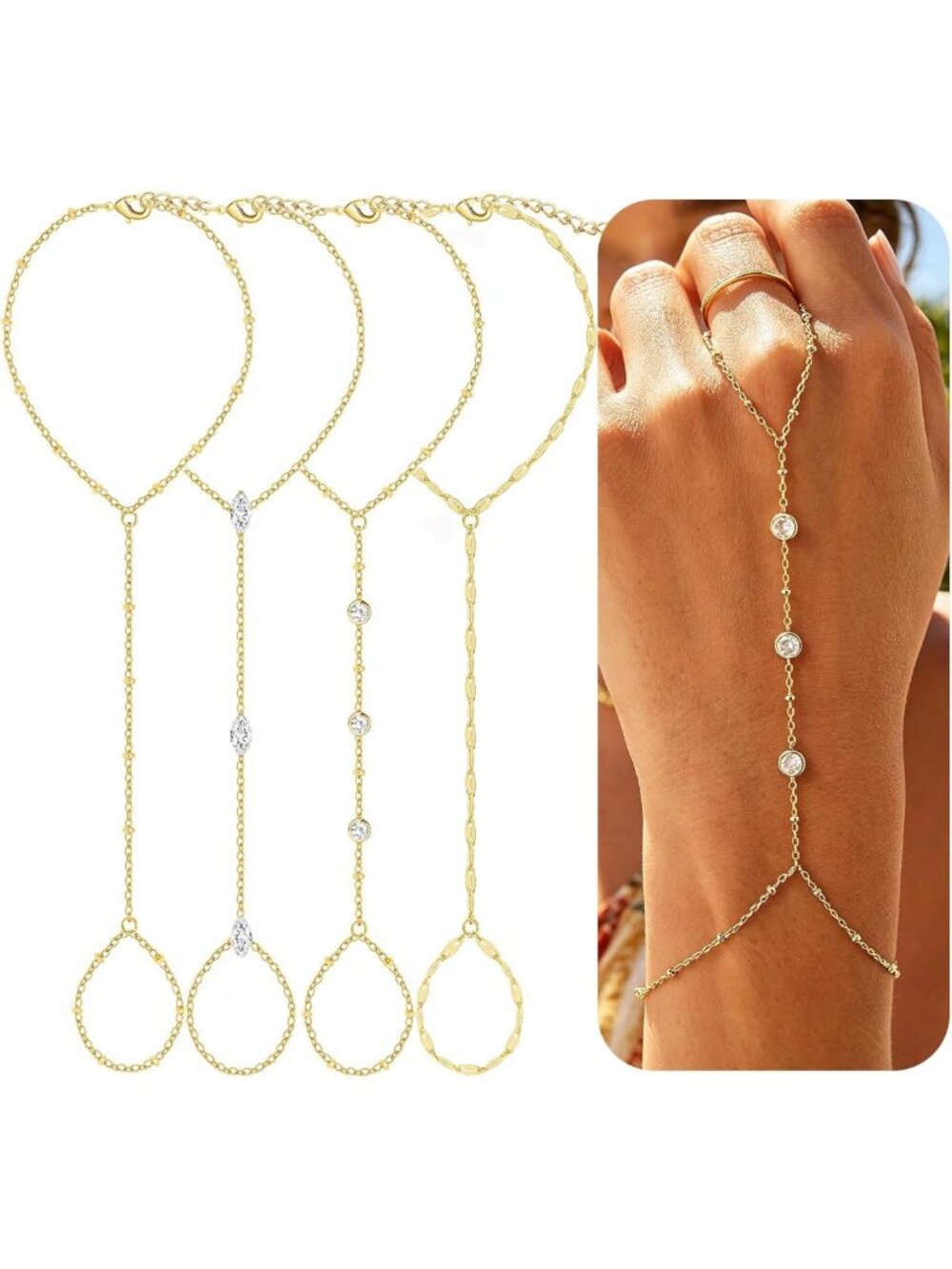 Dainty 4PCS Gold Hand Chain Bracelets Set, 14K Plated Stackable Finger Jewelry